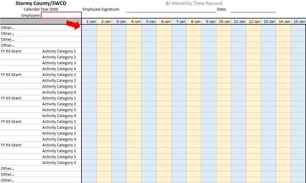 Figure 1:  Bi-Monthly Time Tracking System, Grants and Activities in Rows. 