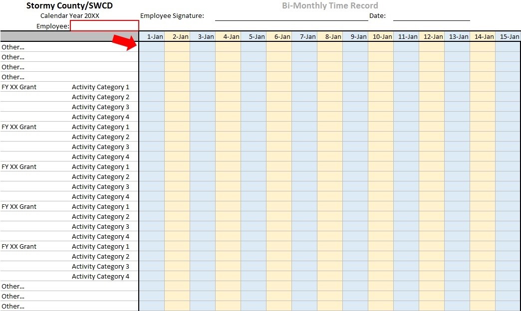 Figure 1: Bi-Monthly Time Tracking System, Grants and Activities in Rows.