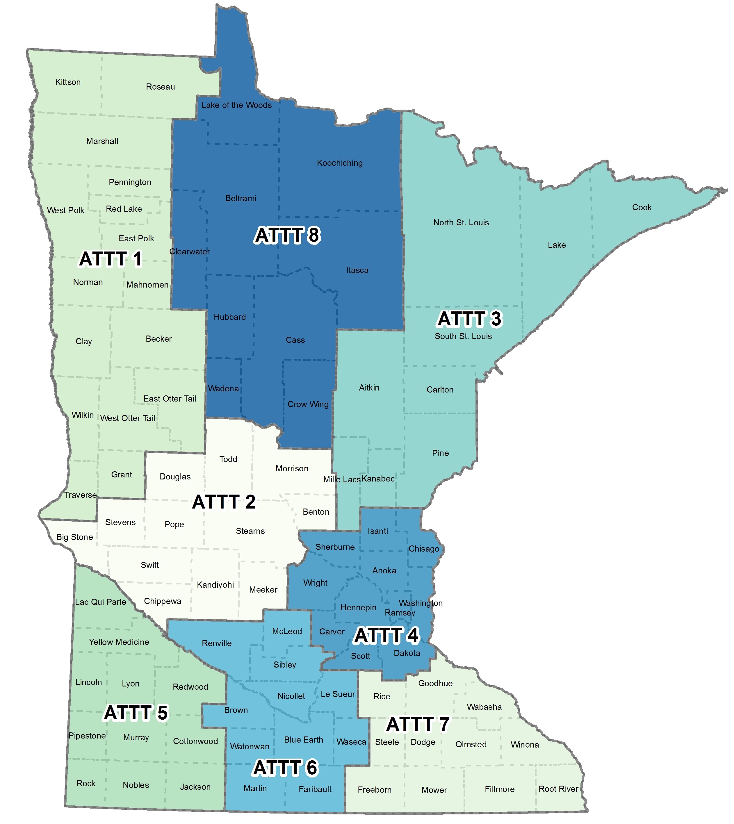 Map showing boundaries of Area Technical Training Team Areas