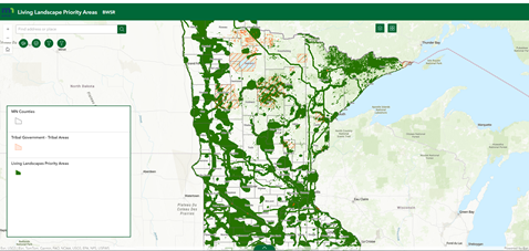 A map of BWSR Living Landscape Priority areas depicted by green corridors