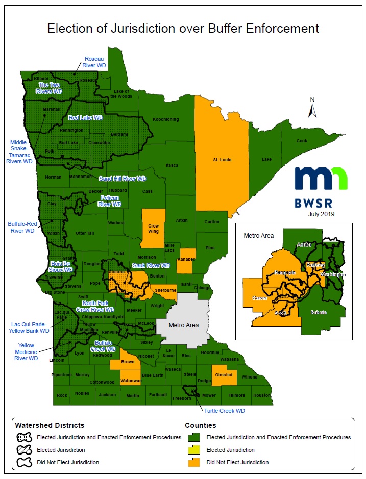 Map of  and Watershed Districts Electing Jurisdiction of Buffer Law Enforcement